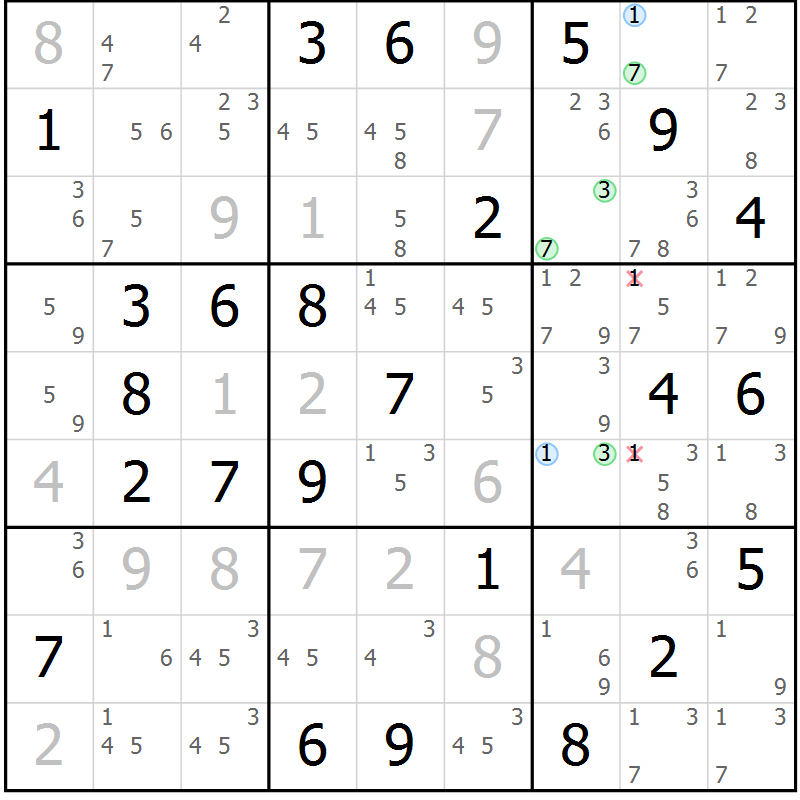 Position des candidats pour la solution de la Gr 67 page 70 du magazine de sudoku Suprême n° 029