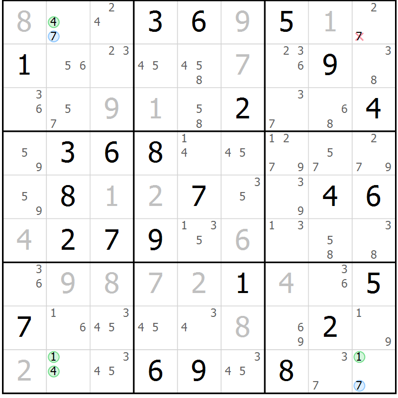 Position des candidats pour la solution de la Gr 67 page 70 du magazine de sudoku Suprême n° 029
