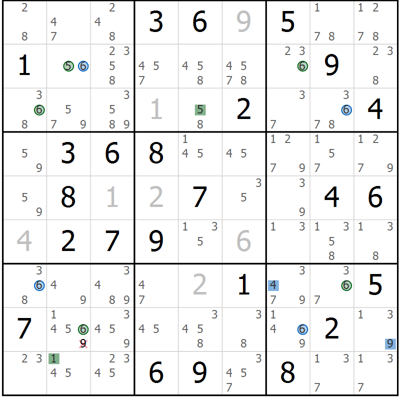 Position des candidats pour la solution de la Gr 67 page 70 du magazine de sudoku Suprême n° 029