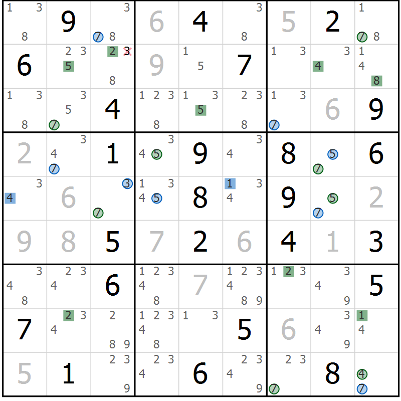 Position des candidats pour la solution de la Gr 68 page 71 du magazine de sudoku Suprême n° 029