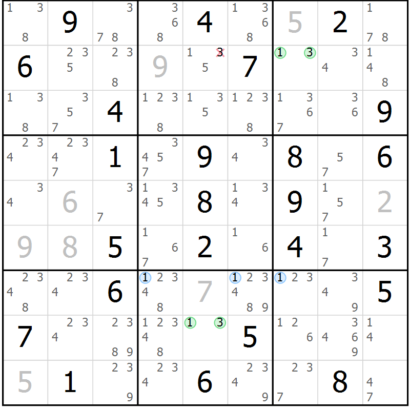 Position des candidats pour la solution de la Gr 68 page 71 du magazine de sudoku Suprême n° 029