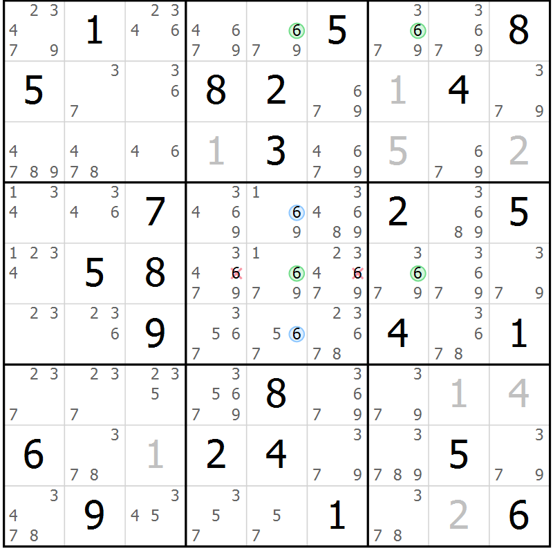 Position des candidats pour la solution de la Gr 69 page 72 du magazine de sudoku Suprême n° 029