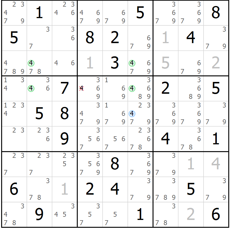 Position des candidats pour la solution de la Gr 69 page 72 du magazine de sudoku Suprême n° 029