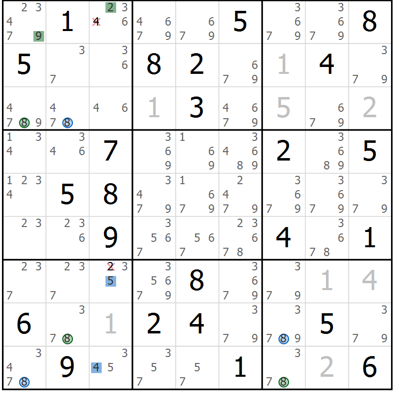 Position des candidats pour la solution de la Gr 69 page 72 du magazine de sudoku Suprême n° 029