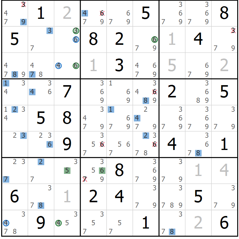 Position des candidats pour la solution de la Gr 69 page 72 du magazine de sudoku Suprême n° 029