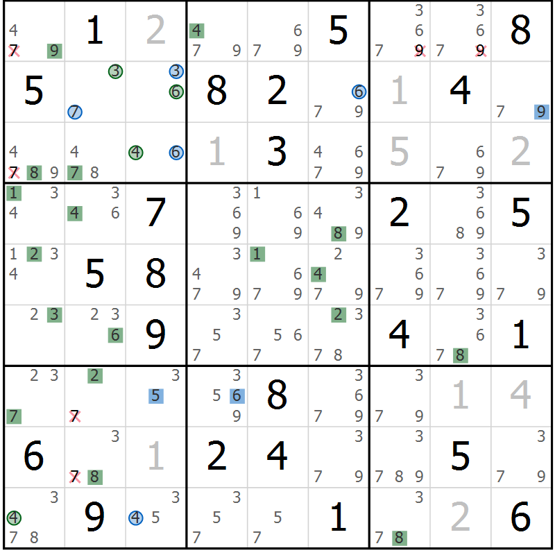Position des candidats pour la solution de la Gr 69 page 72 du magazine de sudoku Suprême n° 029