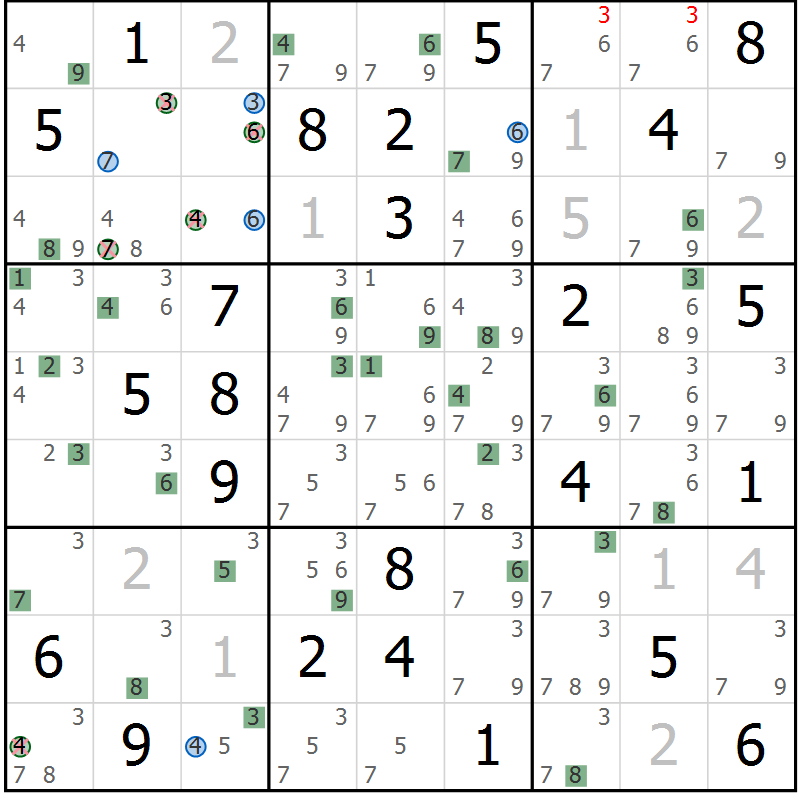 Position des candidats pour la solution de la Gr 69 page 72 du magazine de sudoku Suprême n° 029