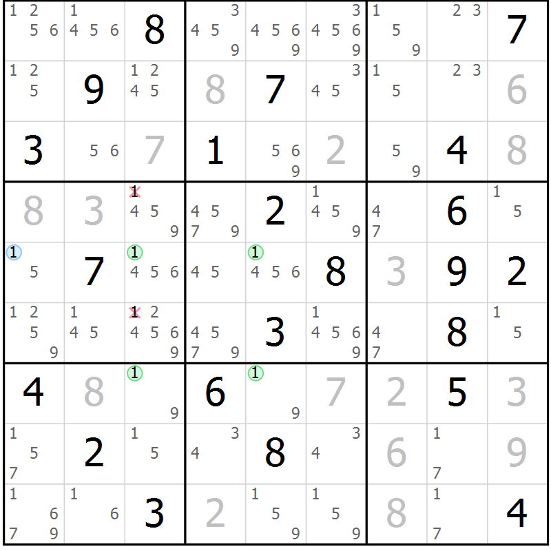 Position des candidats pour la solution de la Gr 7 page 10 du magazine de sudoku Suprême n° 029