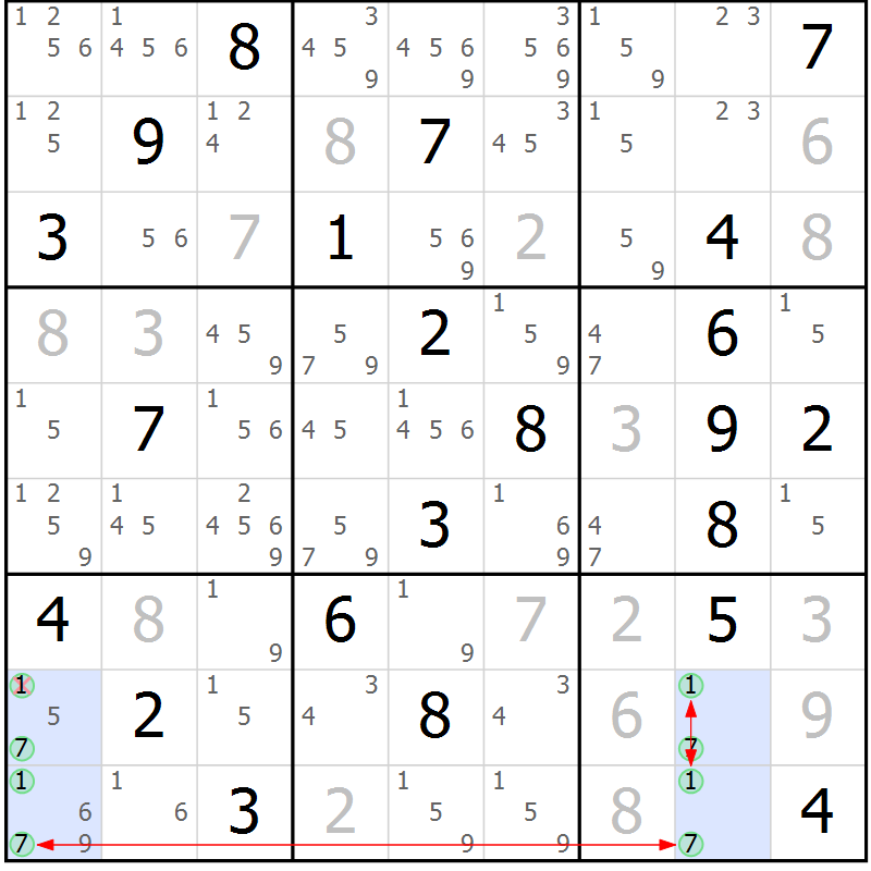 Position des candidats pour la solution de la Gr 7 page 10 du magazine de sudoku Suprême n° 029