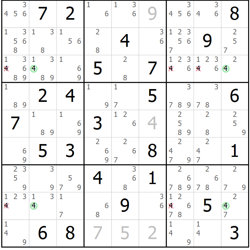 Position des candidats pour la solution de la Gr 70 page 73 du magazine de sudoku Suprême n° 029