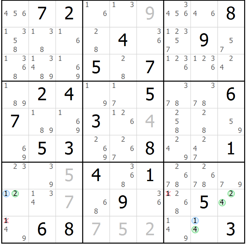 Position des candidats pour la solution de la Gr 70 page 73 du magazine de sudoku Suprême n° 029