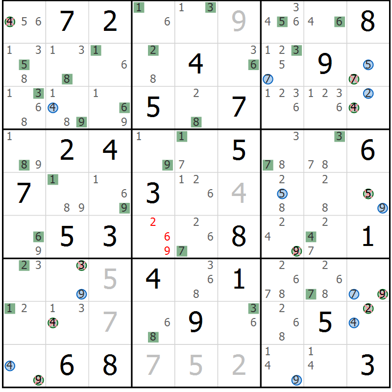 Position des candidats pour la solution de la Gr 70 page 73 du magazine de sudoku Suprême n° 029