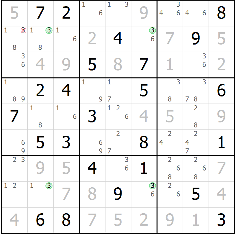 Position des candidats pour la solution de la Gr 70 page 73 du magazine de sudoku Suprême n° 029