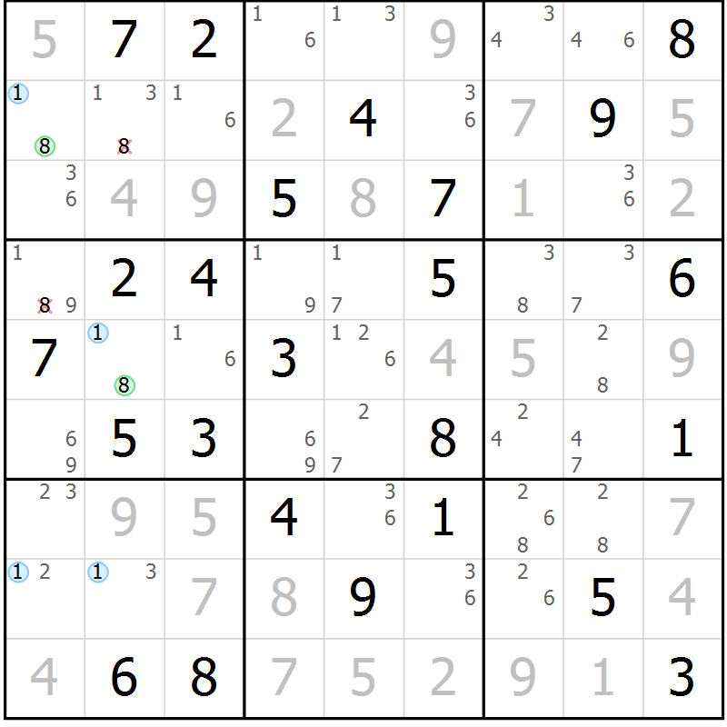 Position des candidats pour la solution de la Gr 70 page 73 du magazine de sudoku Suprême n° 029