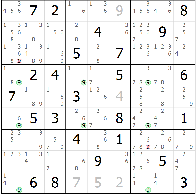 Position des candidats pour la solution de la Gr 70 page 73 du magazine de sudoku Suprême n° 029