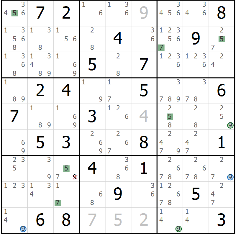 Position des candidats pour la solution de la Gr 70 page 73 du magazine de sudoku Suprême n° 029
