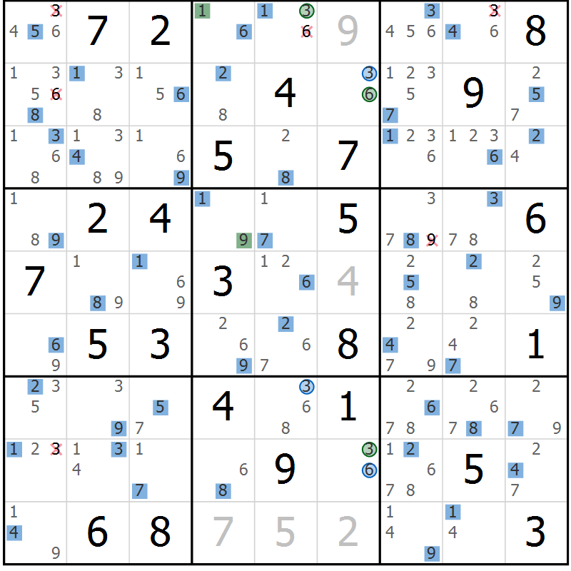 Position des candidats pour la solution de la Gr 70 page 73 du magazine de sudoku Suprême n° 029