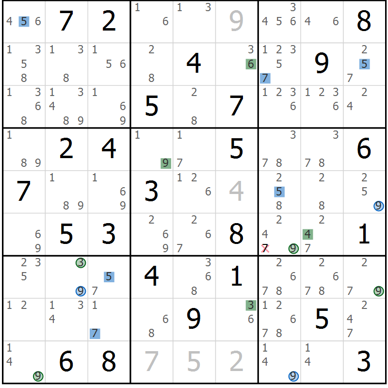 Position des candidats pour la solution de la Gr 70 page 73 du magazine de sudoku Suprême n° 029