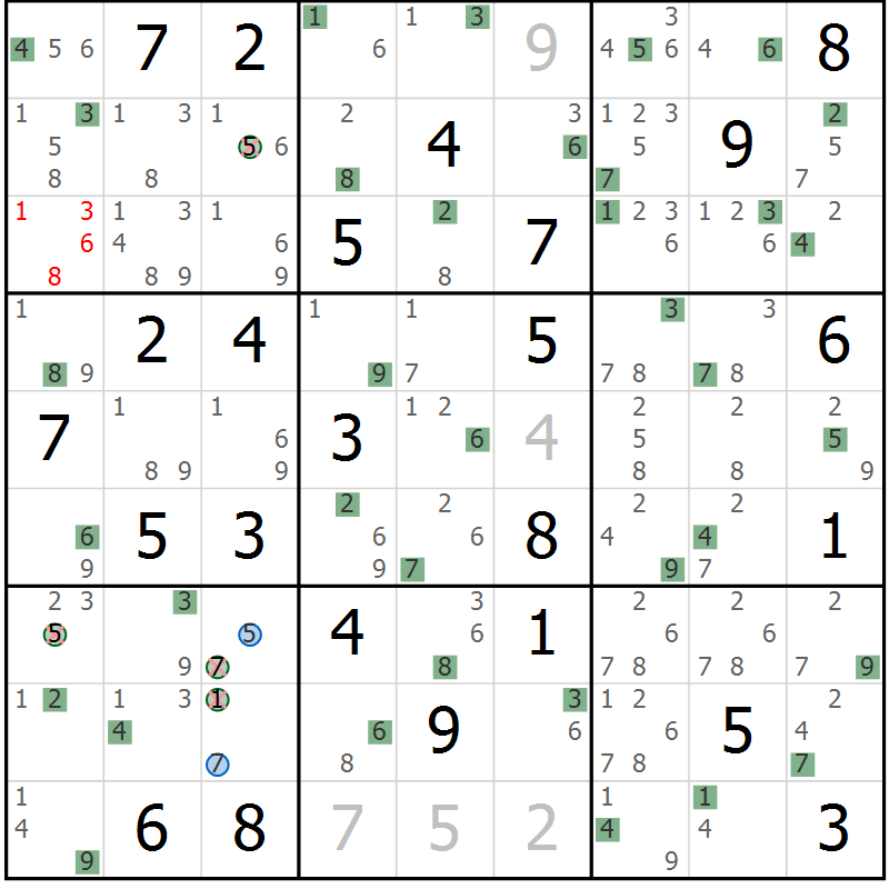 Position des candidats pour la solution de la Gr 70 page 73 du magazine de sudoku Suprême n° 029