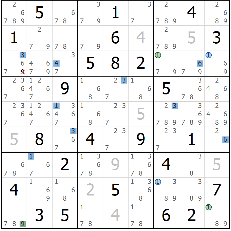 Position des candidats pour la solution de la Gr 71 page 74 du magazine de sudoku Suprême n° 029