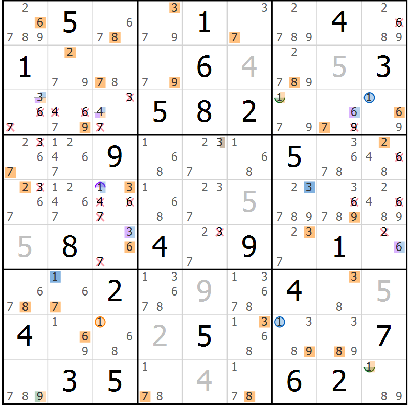 Position des candidats pour la solution de la Gr 71 page 74 du magazine de sudoku Suprême n° 029