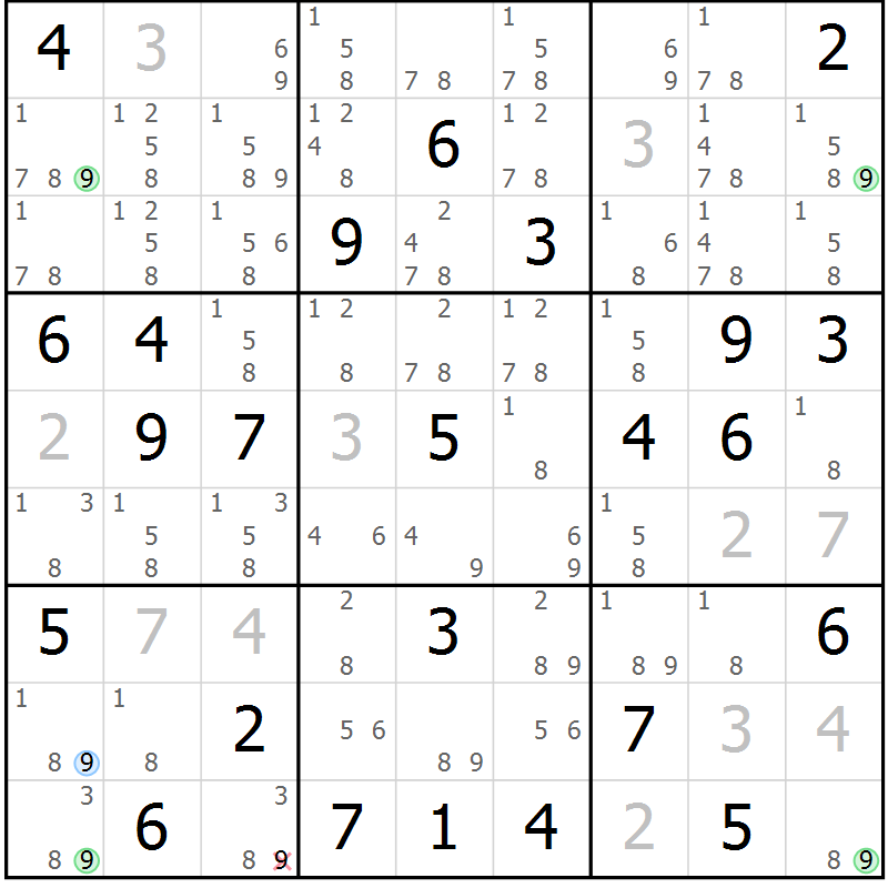 Position des candidats pour la solution de la Gr 72 page 75 du magazine de sudoku Suprême n° 029