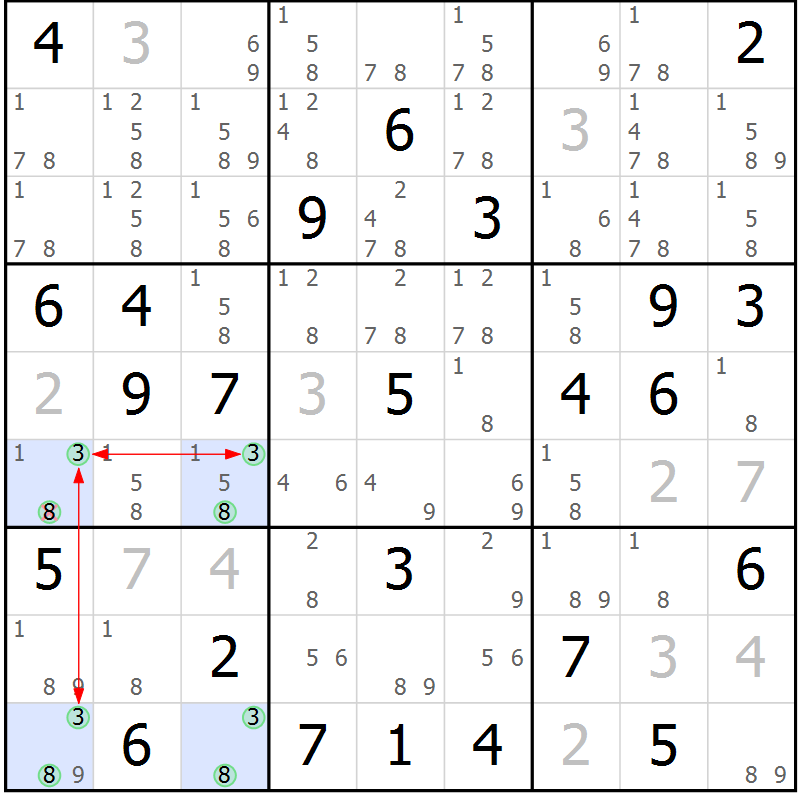 Position des candidats pour la solution de la Gr 72 page 75 du magazine de sudoku Suprême n° 029