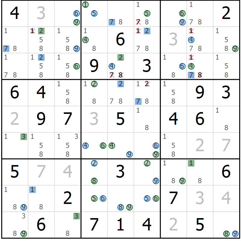 Position des candidats pour la solution de la Gr 72 page 75 du magazine de sudoku Suprême n° 029