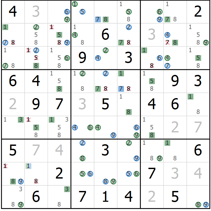 Position des candidats pour la solution de la Gr 72 page 75 du magazine de sudoku Suprême n° 029