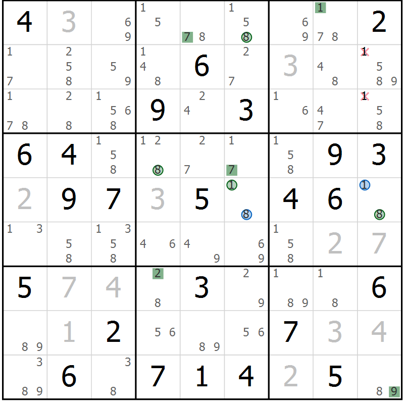 Position des candidats pour la solution de la Gr 72 page 75 du magazine de sudoku Suprême n° 029