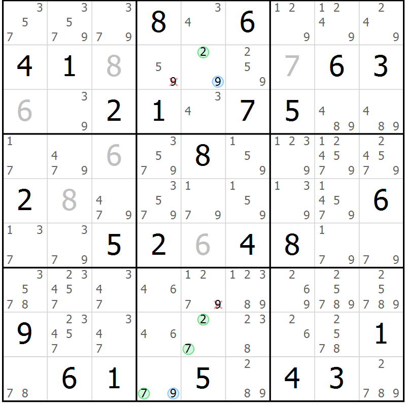 Position des candidats pour la solution de la Gr 73 page 76 du magazine de sudoku Suprême n° 029