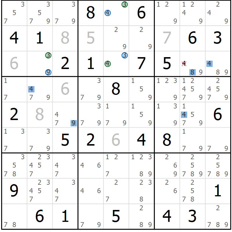 Position des candidats pour la solution de la Gr 73 page 76 du magazine de sudoku Suprême n° 029