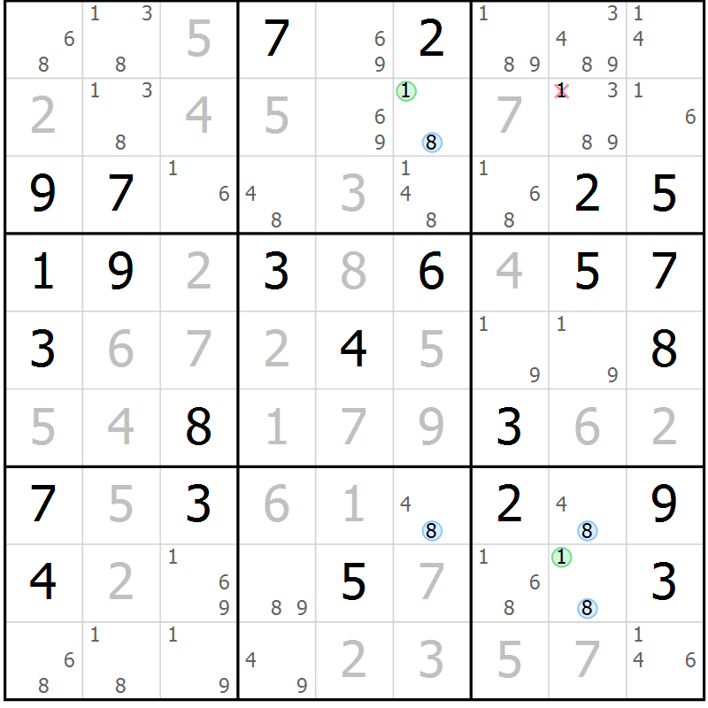 Position des candidats pour la solution de la Gr 74 page 77 du magazine de sudoku Suprême n° 029