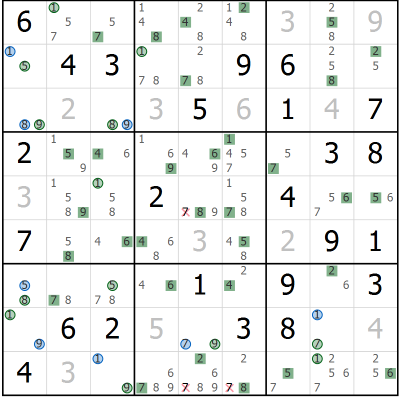 Position des candidats pour la solution de la Gr 78 page 81 du magazine de sudoku Suprême n° 029
