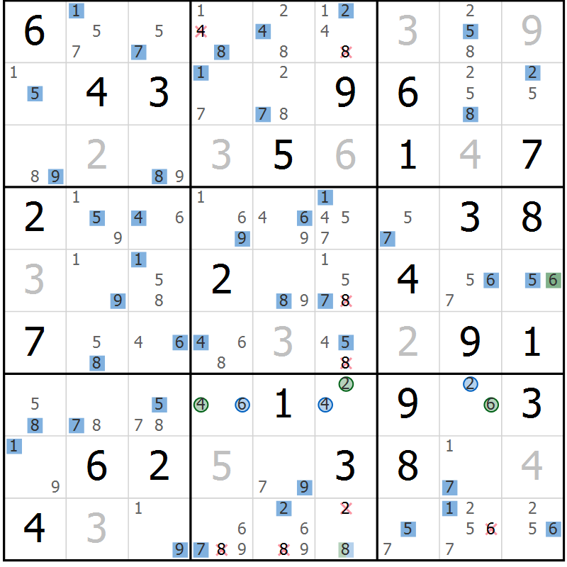 Position des candidats pour la solution de la Gr 78 page 81 du magazine de sudoku Suprême n° 029