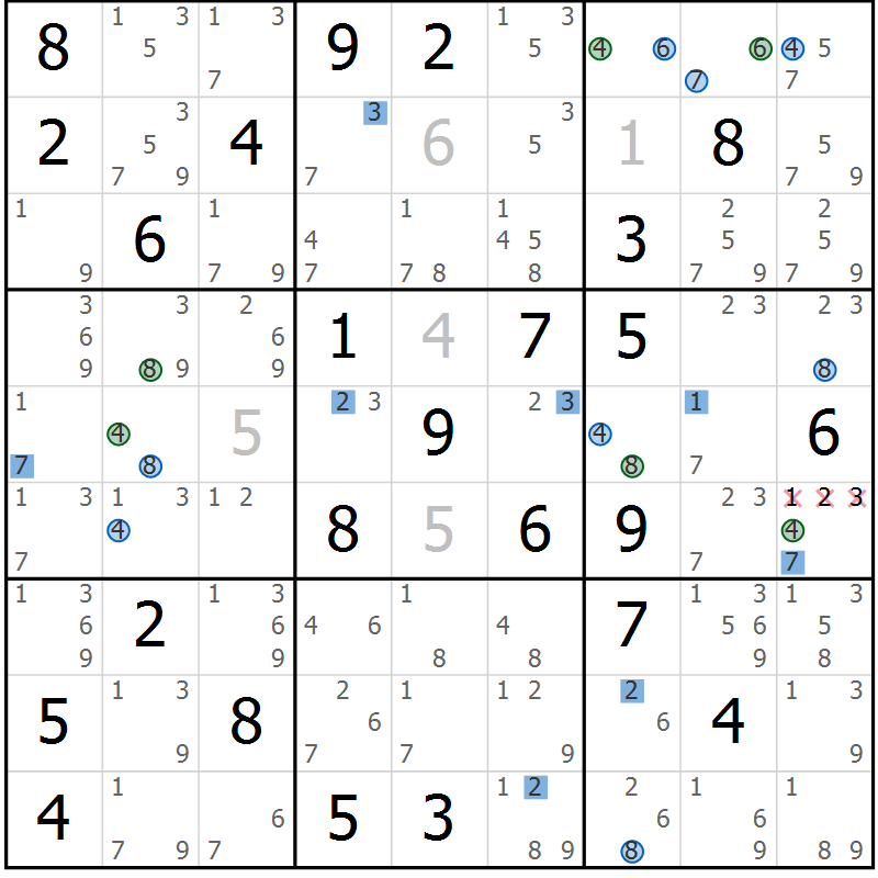 Position des candidats pour la solution de la Gr 79 page 82 du magazine de sudoku Suprême n° 029