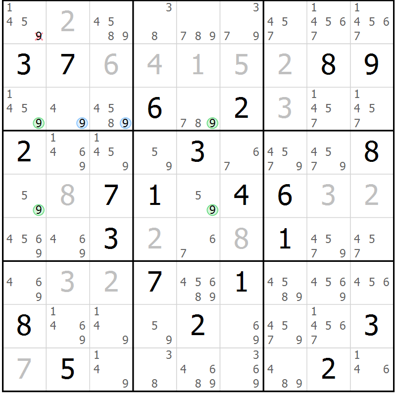 Position des candidats pour la solution de la Gr 8 page 11 du magazine de sudoku Suprême n° 029