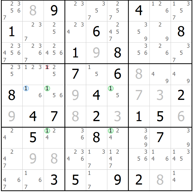 Position des candidats pour la solution de la Gr 81 page 84 du magazine de sudoku Suprême n° 029