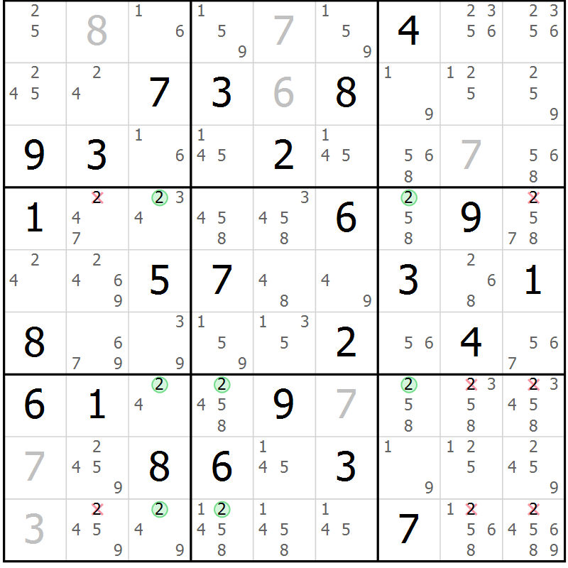 Position des candidats pour la solution de la Gr 82 page 85 du magazine de sudoku Suprême n° 029