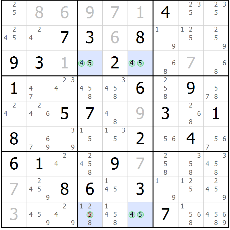 Position des candidats pour la solution de la Gr 82 page 85 du magazine de sudoku Suprême n° 029