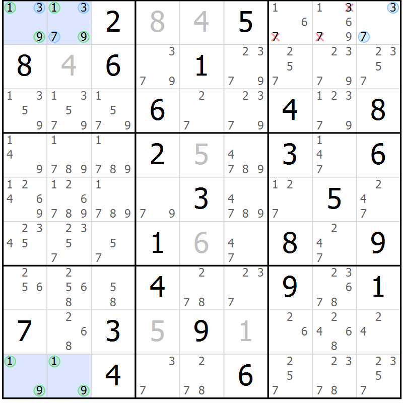 Position des candidats pour la solution de la Gr 83 page 86 du magazine de sudoku Suprême n° 029