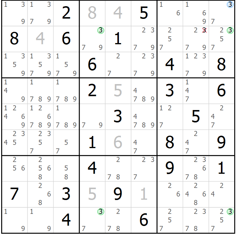 Position des candidats pour la solution de la Gr 83 page 86 du magazine de sudoku Suprême n° 029