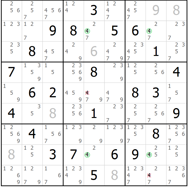 Position des candidats pour la solution de la Gr 84 page 87 du magazine de sudoku Suprême n° 029