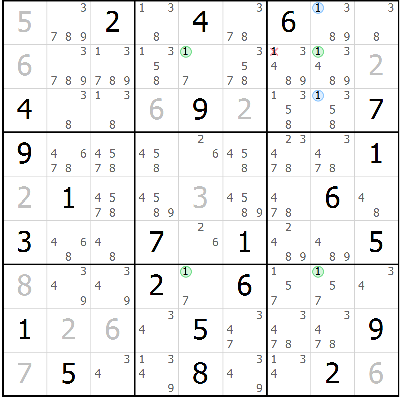 Position des candidats pour la solution de la Gr 9 page 12 du magazine de sudoku Suprême n° 029