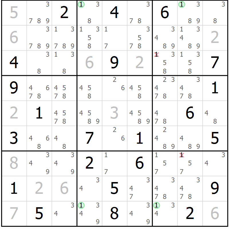 Position des candidats pour la solution de la Gr 9 page 12 du magazine de sudoku Suprême n° 029
