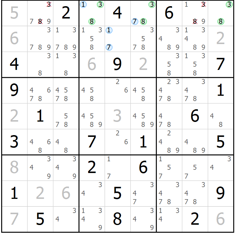 Position des candidats pour la solution de la Gr 9 page 12 du magazine de sudoku Suprême n° 029