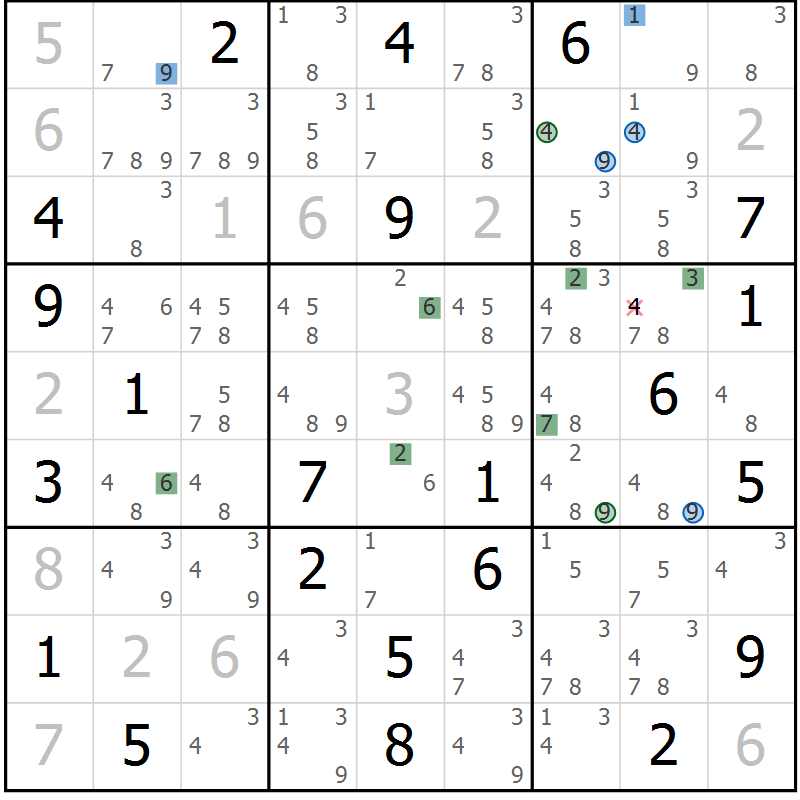 Position des candidats pour la solution de la Gr 9 page 12 du magazine de sudoku Suprême n° 029
