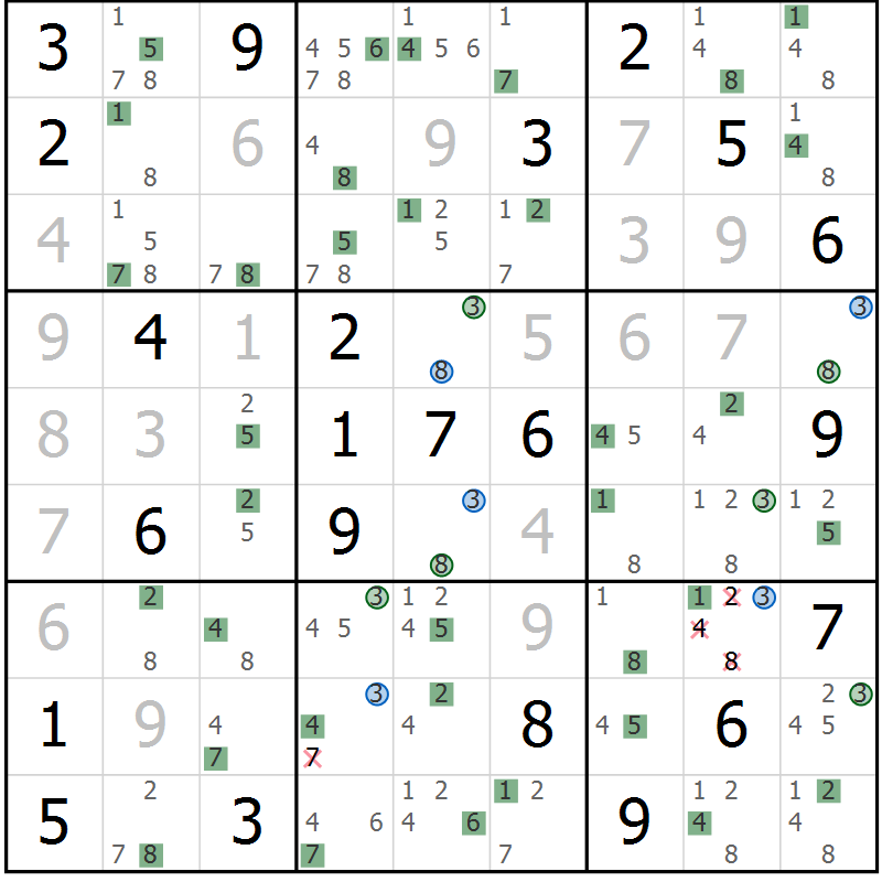 Position des candidats pour la solution de la Gr 11 page 14 du magazine de sudoku Suprême n° 030