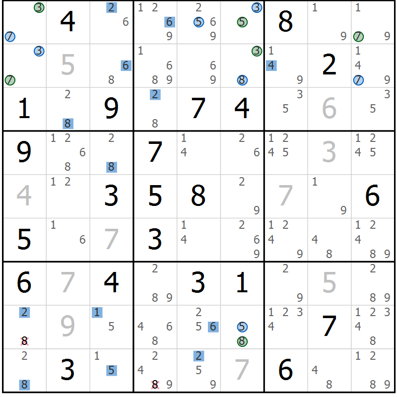 Position des candidats pour la solution de la Gr 12 page 15 du magazine de sudoku Suprême n° 030