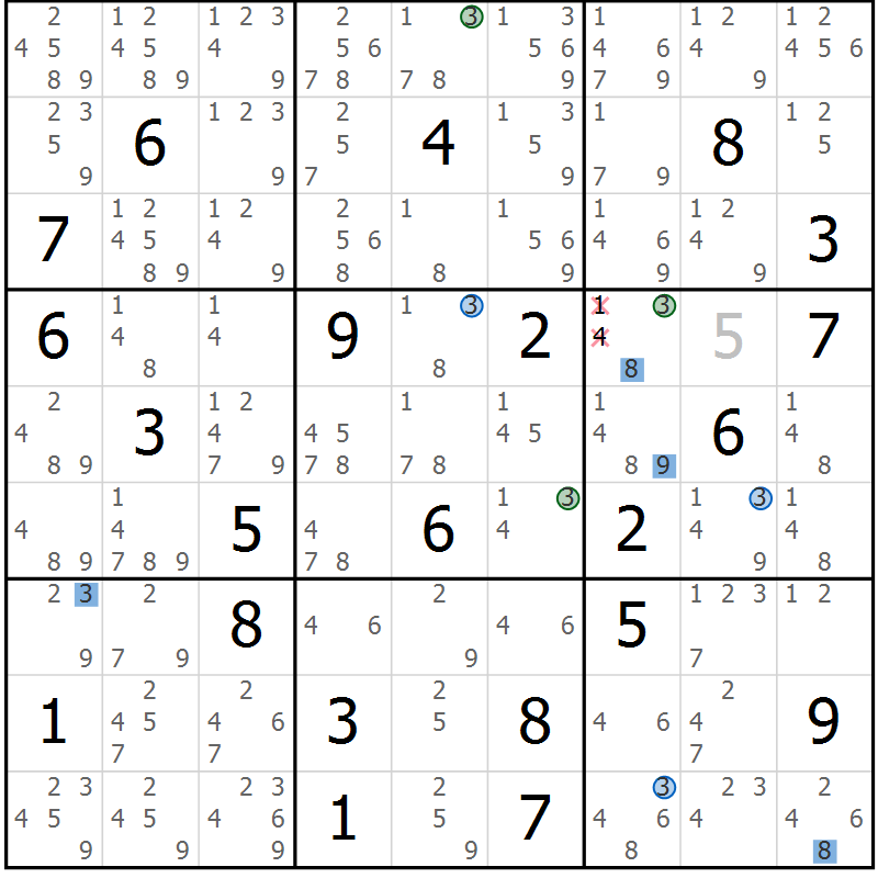 Position des candidats pour la solution de la Gr 13 page 16 du magazine de sudoku Suprême n° 030